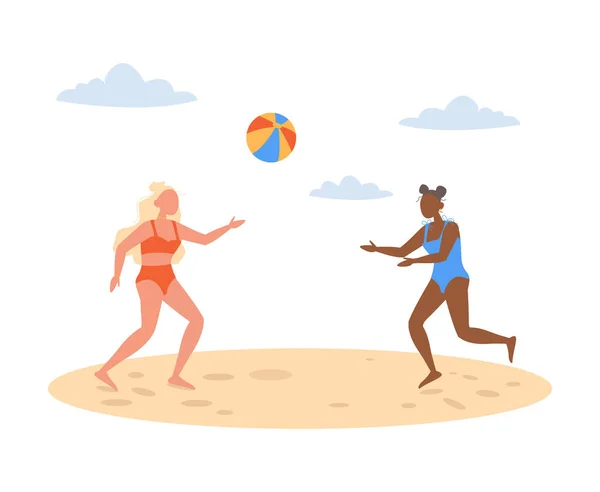 穿泳衣的女孩在海滩上打球 — 图库矢量图片