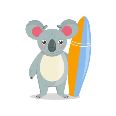 Koala bir sörf tahtası tutuyor. Tatilde, sahilde ya da havuzda..