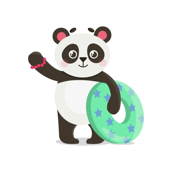 Panda Egy Felfújható Kört Tart Csillagokkal Nyaralni Strandon Vagy Medencében — Stock Vector
