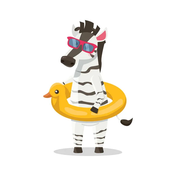 斑马在太阳镜和一个充气圆形鸭 在度假 海滩或游泳池里 — 图库矢量图片