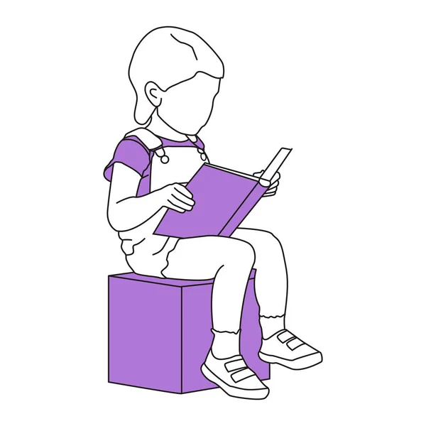 Criança Está Sentada Com Livro Revista Examina Imagens Minimalismo Linart — Vetor de Stock
