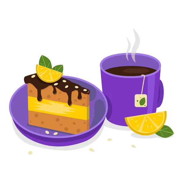 Köstlicher Heißer Tee Und Ein Teller Mit Einem Zarten Stück — Stockvektor