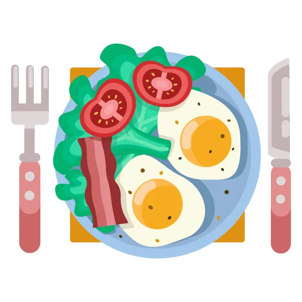 Στο Πιάτο Είναι Πρωινό Μεσημεριανό Γεύμα Δείπνο Τηγανητά Αυγά Ντομάτες — Διανυσματικό Αρχείο