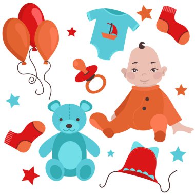 Yeni doğan bebek ya da bebek hakkında bir dizi çizim. Birkaç eşya: bebek, balon, oyuncak ayı, emzik, çorap, bere ve beden kıyafeti..
