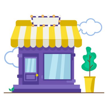 İşiniz için güzel bir bina: fırın, çiçekçi, kahve dükkanı, restoran, vs. Şirin bir saksı bitkisi ve bulutların yanında. Vektör grafikleri. Mor renk.