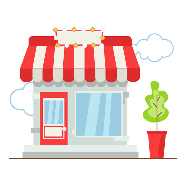Beautiful building for your business: bakery, flower shop, coffee shop, restaurant, etc. Near a cute potted plant and clouds. Vector graphics. Red color.