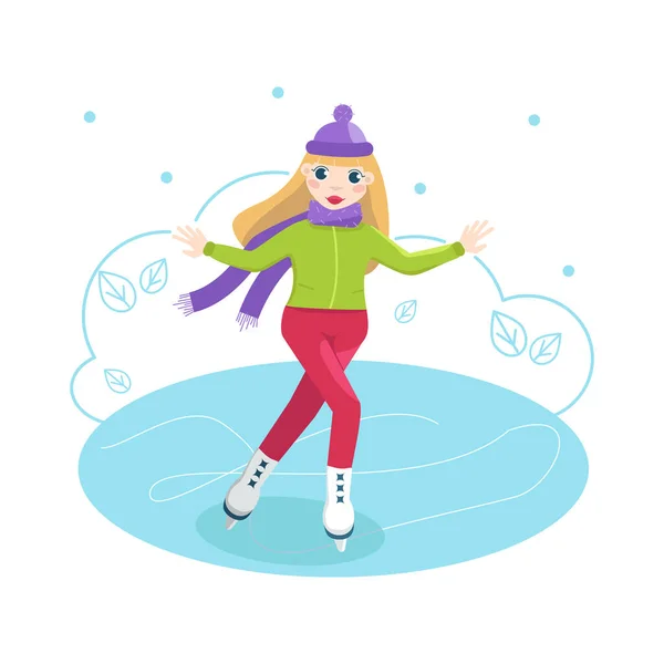 Nettes Cartoon Mädchen Warmer Kleidung Geht Winter Schlittschuhlaufen Schnee Fällt — Stockvektor