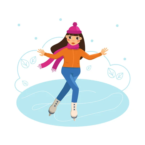 Sıcak Giysili Şirin Çizgi Film Kızı Kışın Buz Pateni Yapmaya — Stok Vektör
