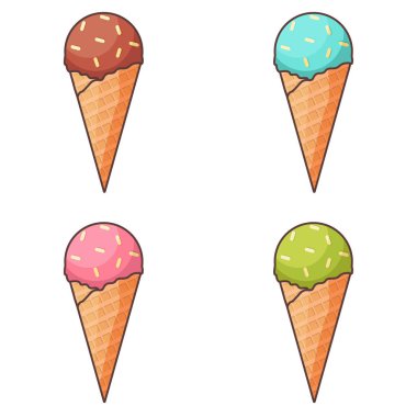 Farklı renklerde dört dondurma seti. Waffle külahında bir kepçe dondurma.