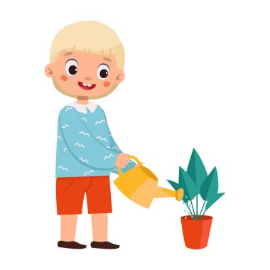 Çocukların hobileri. Bir çocuk saksıda çiçek suluyor..