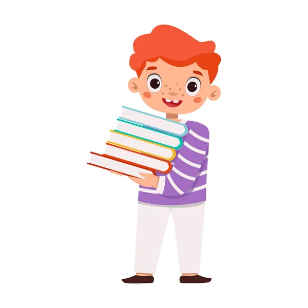 Χόμπι Των Παιδιών Αγόρι Μια Μεγάλη Στοίβα Από Βιβλία — Διανυσματικό Αρχείο
