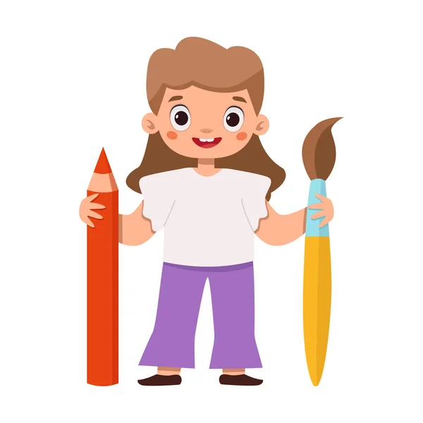 Children Hobbies Girl Brush Drawing Pencil — Stock Vector