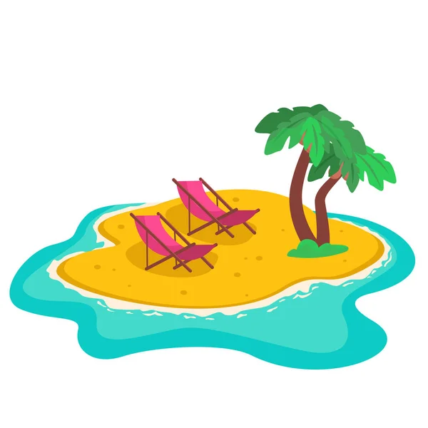 在大洋或大海中间有一个明亮的小岛 有椰子和两张日光浴床的棕榈树 — 图库矢量图片