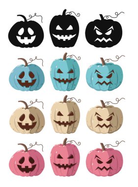 Cadılar Bayramı balkabakları seti, ürkütücü yüzler. Sonbahar tatili. Bej, mavi, pembe ve siyah siluet.