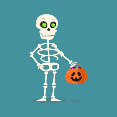 Şirin iskelet elinde şeker kabağı sepeti tutuyor. Koleksiyondan.