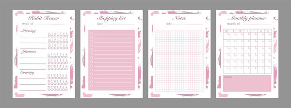 Set of minimalistic planners. A template for a list of products, a habit tracker, a monthly planner and a sheet for notes. Cute and simple to-do list for printing. Vector illustration. Color pink.