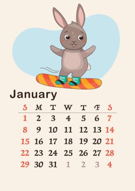 Dikey takvim 2023. Ocak ayıydı. Tavşan snowboard yapıyor. A4 biçimi. Vektör.