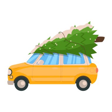 Vektör sarı araba Noel ya da yeni yıl kutlaması için bir Noel ağacı taşıyor.