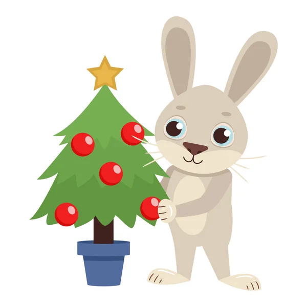 かわいいベクトルウサギはボールとクリスマスツリーを飾る — ストックベクタ