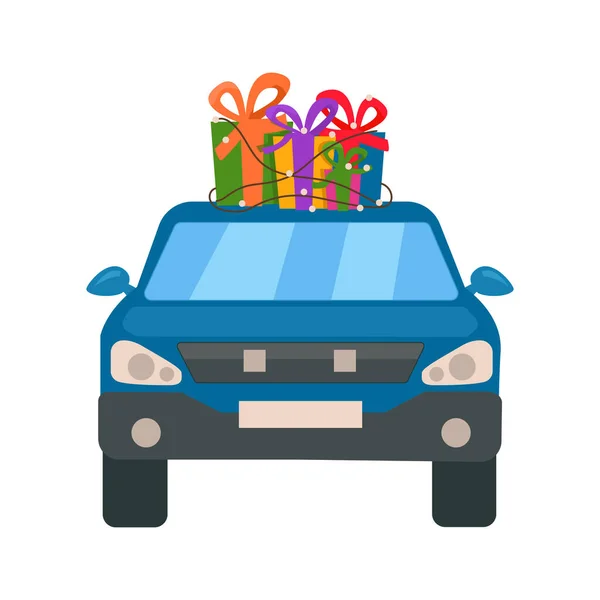 Vector Blue Car Carries Lot Gifts Roof — Stock Vector