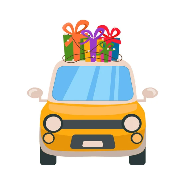 ベクトル黄色の車は屋根の上に多くの贈り物を運ぶ — ストックベクタ