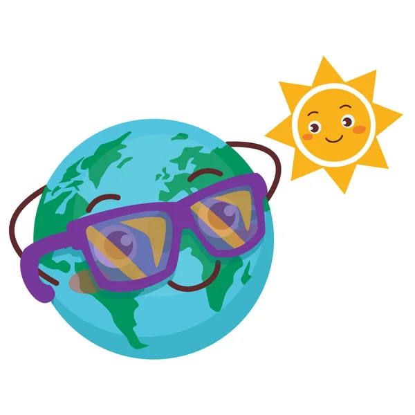 一组可爱的图片与行星地球 戴着太阳镜的大地在阳光下晒太阳 — 图库矢量图片