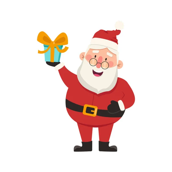 Vector Engraçado Papai Noel Detém Uma Caixa Presente Com Arco — Vetor de Stock
