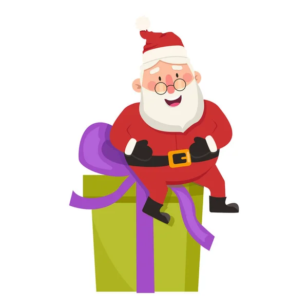 Vector Engraçado Papai Noel Senta Uma Enorme Caixa Presente Com — Vetor de Stock