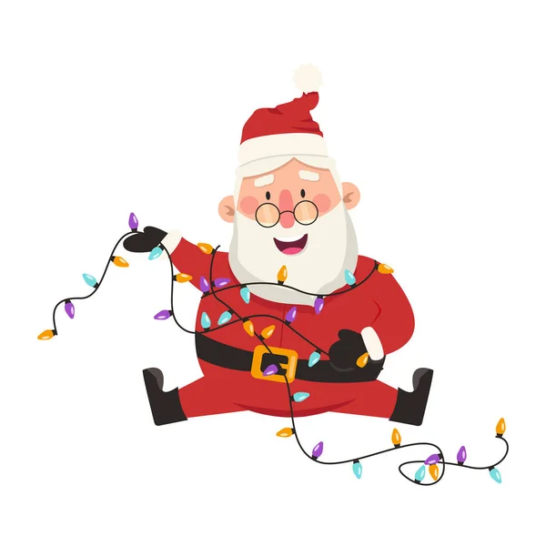 Engraçado Vetor Papai Noel Senta Emaranhado Uma Grinalda — Vetor de Stock