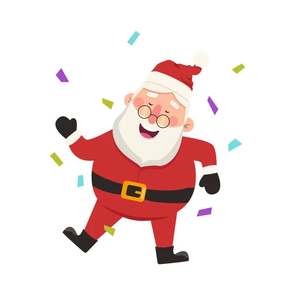 Vector Engraçado Papai Noel Dançando Sob Queda Confete — Vetor de Stock