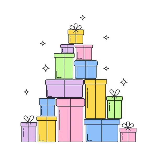 クリスマスツリーやピラミッドの形で作られた多くの異なるギフトボックス — ストックベクタ