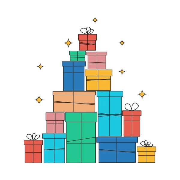 クリスマスツリーやピラミッドの形で作られた多くの異なるギフトボックス — ストックベクタ