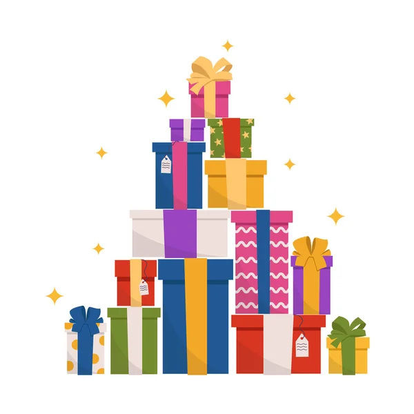 Πολλά Διαφορετικά Κουτιά Δώρων Που Γίνονται Μορφή Χριστουγεννιάτικου Δέντρου Πυραμίδας — Διανυσματικό Αρχείο