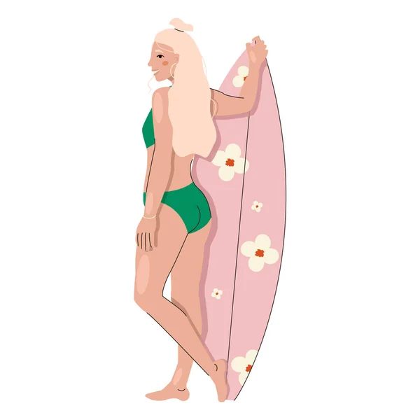 穿着泳衣的金发姑娘拿着冲浪板 — 图库矢量图片