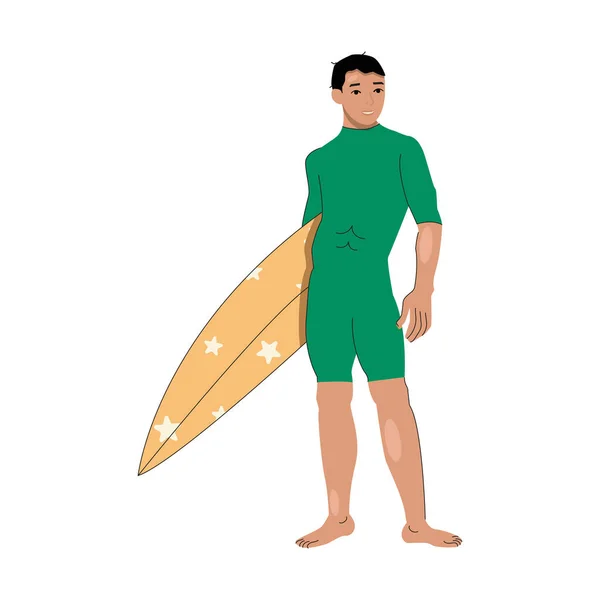 穿着泳衣的布鲁内特人手里拿着冲浪板 — 图库矢量图片
