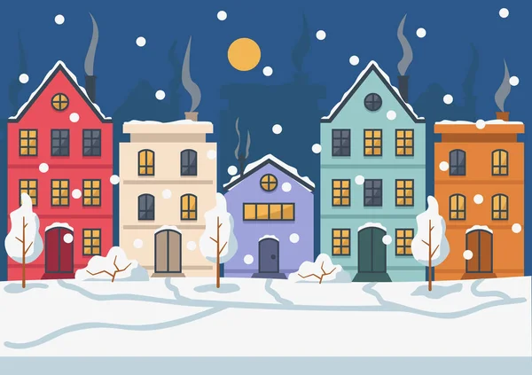 Schöne Winterliche Stadtlandschaft Abends Oder Nachts Schneit Geschenkkarte — Stockvektor