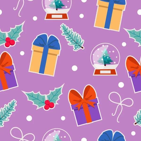Noël Nouvel Motif Sans Couture Cadeaux Houx Épicéa Boule Neige — Image vectorielle
