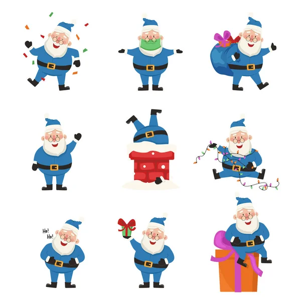 Conjunto Ilustrações Engraçadas Fofas Com Papai Noel Terno Azul — Vetor de Stock