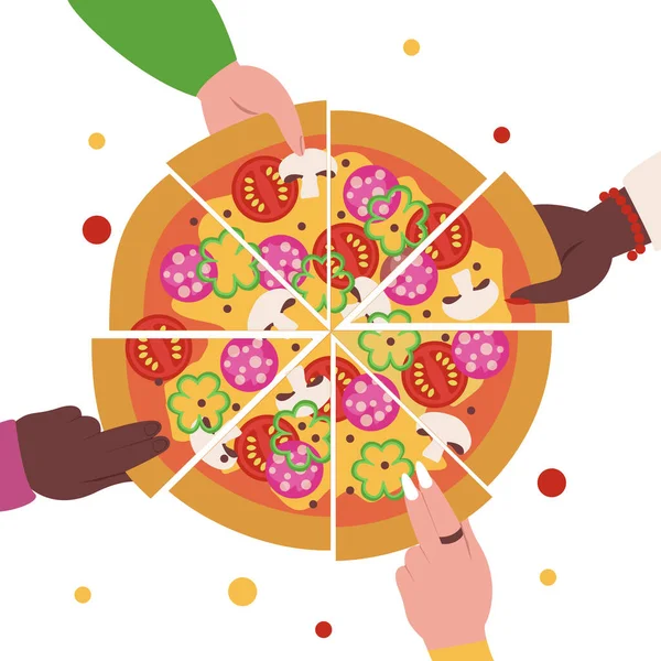 Άνθρωποι Τρώνε Μαζί Νόστιμη Πίτσα Πεπερόνι Μανιτάρια Ντομάτες Πιπεριές Και — Διανυσματικό Αρχείο