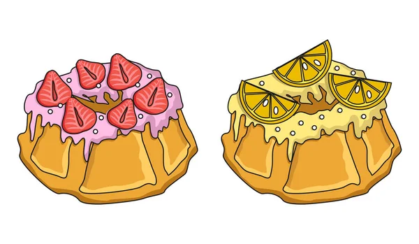 两个蛋糕或者纸杯蛋糕甜点 一个有糖霜和草莓的另一个有糖霜和柠檬 — 图库矢量图片
