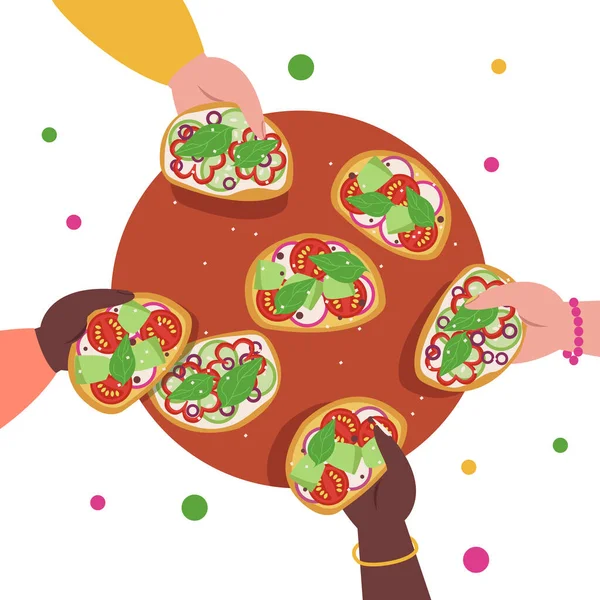 Άνθρωποι Μαζί Τρώνε Νόστιμες Μπρουσκέτες Ντομάτες Αβοκάντο Αγγούρια Πιπεριές Τυρί — Διανυσματικό Αρχείο