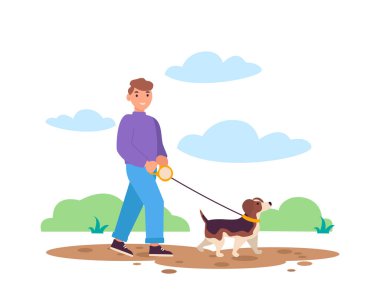 Küçük çocuk köpeğini gezdiriyor. Parkta yürürler. En iyi arkadaşlar. Vektör grafiği.