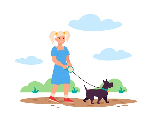 Маленькая Девочка Выгуливает Собаку Гуляют Парке Лучшие Друзья Векторная Графика — стоковый вектор