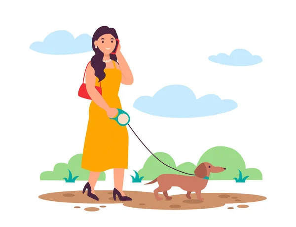 犬の散歩をしている女性 彼らは公園を歩く 親友だ ベクトルグラフィック — ストックベクタ