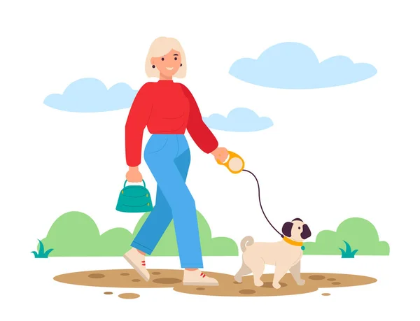 Junges Mädchen Beim Gassigehen Mit Ihrem Hund Sie Gehen Park — Stockvektor