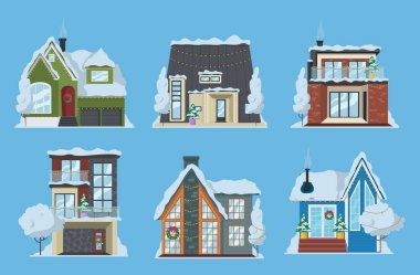 6 farklı ev. Kış zamanı. Evler Noel için dekore edildi..