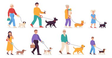 Farklı yaşlarda köpeklerini farklı cinsten gezdiren insanlarla bir dizi vektör çizimleri..