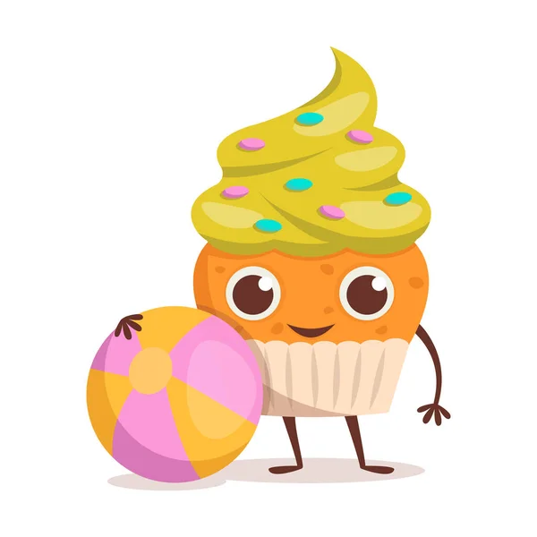 Niedliche Dessertcharakter Cupcake Mit Sahne Und Bonbons Hält Eine Aufblasbare — Stockvektor