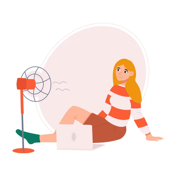 女孩拿着笔记本电脑和扇子坐在地板上 在炎热的天气里带着通风设备的女孩 矢量图形 — 图库矢量图片