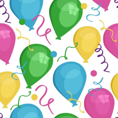 Kusursuz vektör deseni. Farklı renk ve boyutlarda balonlar ve konfeti..
